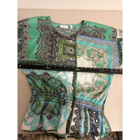 Chico's Sz 2 (US L 12) Shades of Green Silky Flowy Pullover Blouse Cinched Waist - Picture 7 of 7